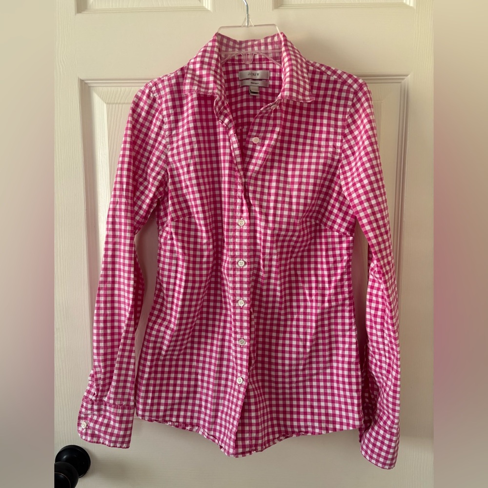 J. Crew Pink and White Gingham Button-Down Shirt 00